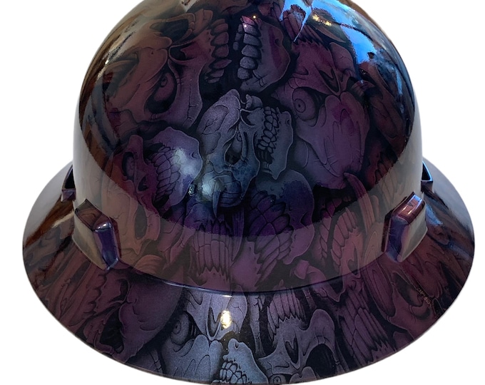 Custom Blue Purple Chameleon Insanity Skulls Hard Hat MSA V-Gard Full Brim