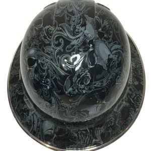 Custom Hydro Dipped Hard Hat Slate Gray Filigree Skulls Full Brim Ridgeline W/Chrome EdgeGard