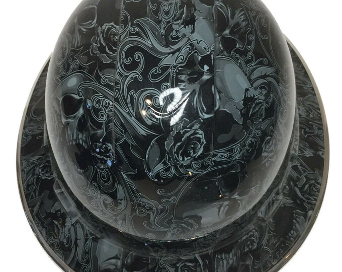 Custom Hydro Dipped Hard Hat Slate Gray Filigree Skulls Full Brim Ridgeline W/Chrome EdgeGard