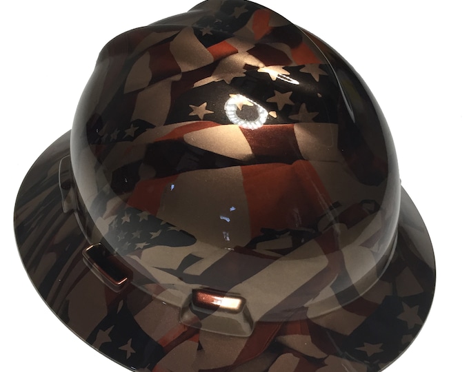 Custom Hard Hat Copper Metallic American Flags MSA V-Gard Full Brim