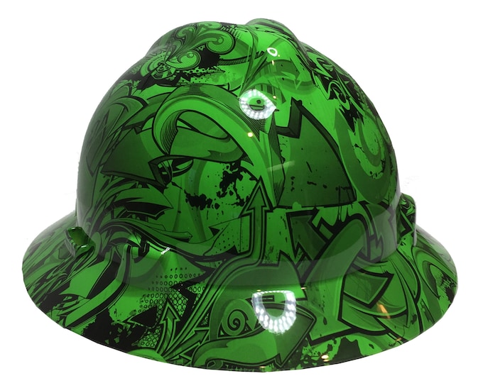 Custom Hard Hat Alien Green Graffiti Hydro Dipped MSA V-Gard Full Brim