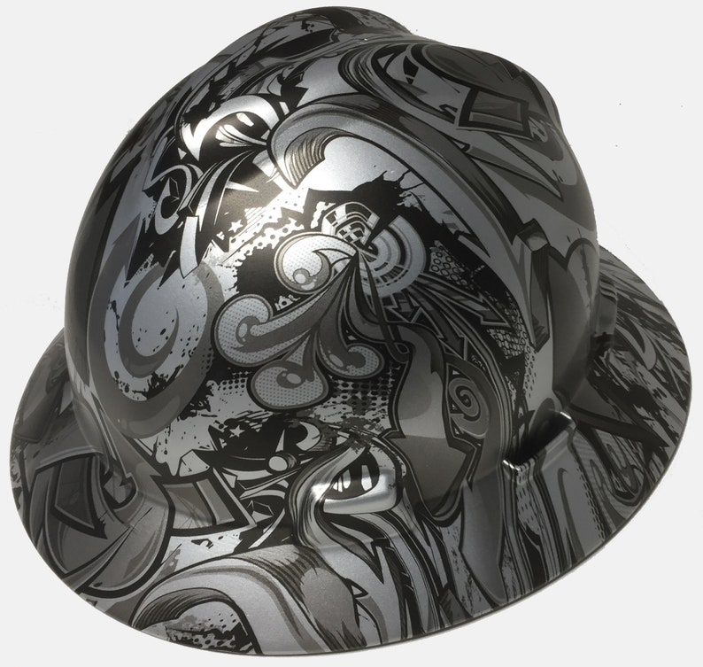 Custom Hard Hat MSA V-Gard Full Brim Silver Metallic Graffiti