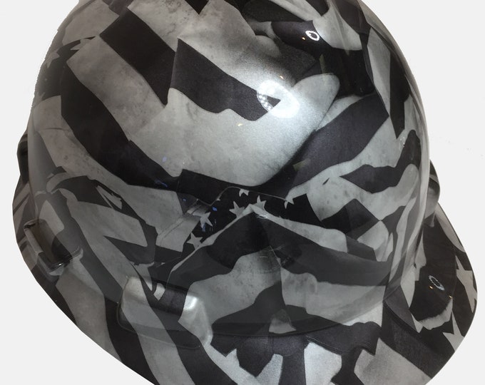 Custom Hard Hat Pearl White Midnight American Flags Hydro Dipped MSA V-Gard Cap Style