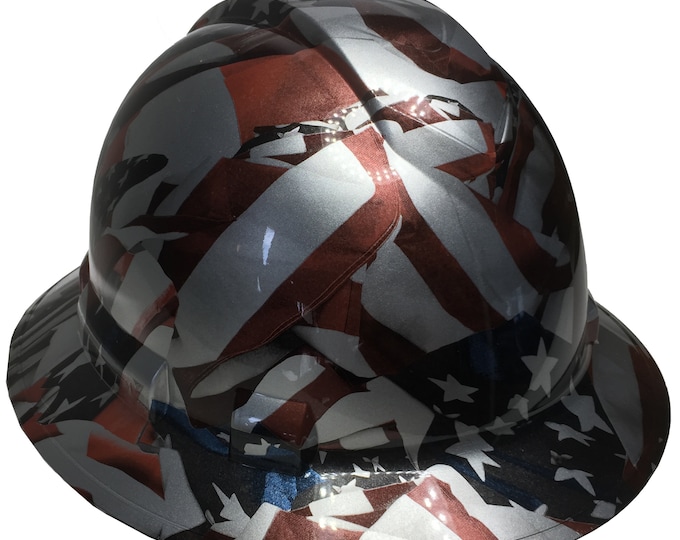 Custom Hard Hat Metallic Silver American Flags Full Brim Ridgeline