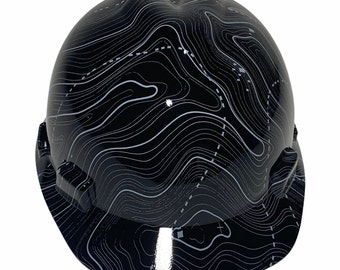 May include: Black hard hat with a white topographic map pattern.