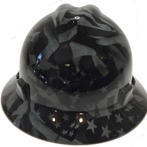 Hydro Dipped Hard Hat MSA V-Gard Full Brim Custom Gray Midnight American Flags