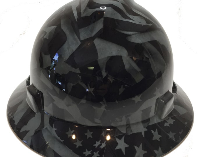 Hydro Dipped Hard Hat MSA V-Gard Full Brim Custom Gray Midnight American Flags