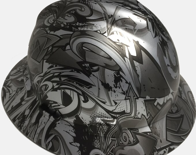 Custom Hard Hat MSA V-Gard Full Brim Silver Metallic Graffiti