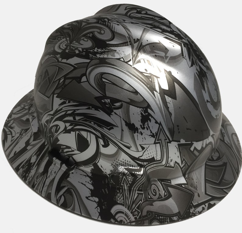 Custom Hard Hat MSA V-Gard Full Brim Silver Metallic Graffiti