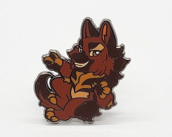 May include: A brown and black enamel pin of a cartoon dog with a mischievous expression. The dog is sitting on its haunches with its paws raised and its tail curled behind it.