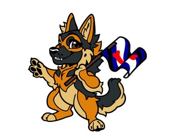 May include: A cartoon German Shepherd dog with black and orange fur holding a flag with a red, white, and blue design. The flag has a bone and a circle in the center.