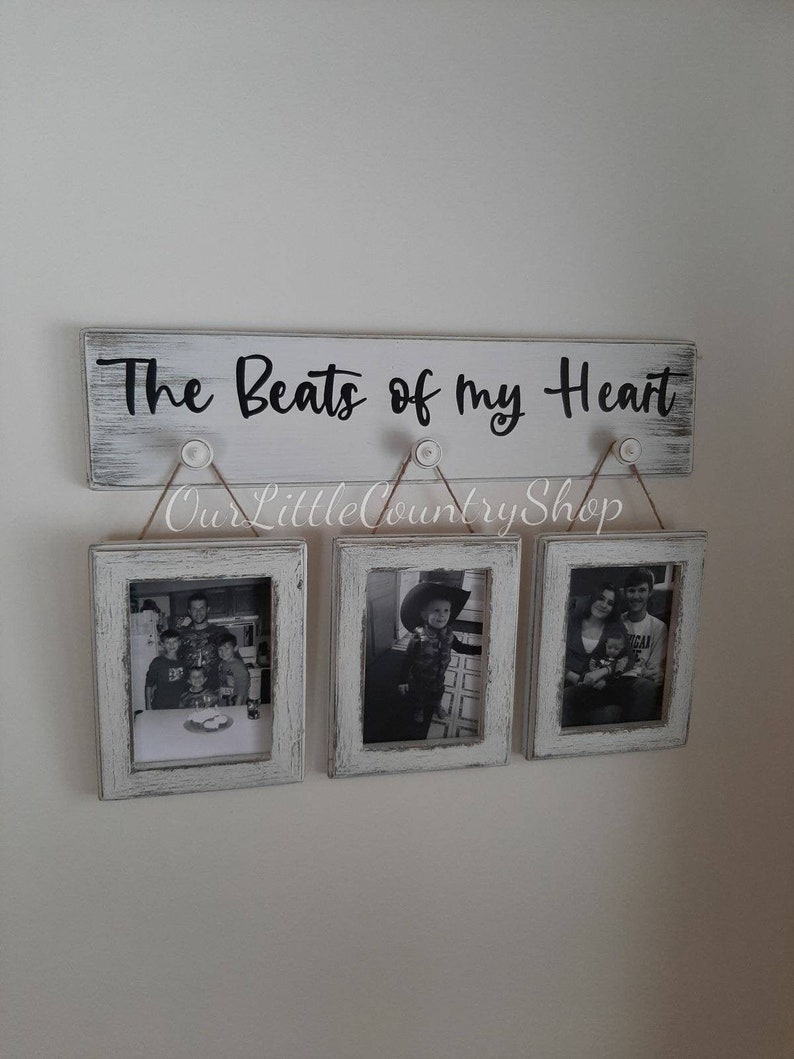 Farmhouse rustic picture hanger with 4x6 frames, The beats of my heart, This is Us, White distressed photo display, Mother's Day gift 