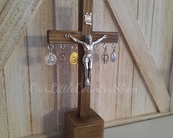 Special intentions Crucifix, Patron saints medals storage, Catholic gifts, Standing Crucifix