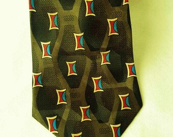 Cravate vintage en polyester pour homme, motif géométrique vert jaune