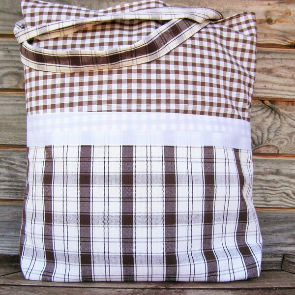 Einkaufstasche, weiße und braune Baumwolle / Polyester Tasche, Lebensmittel wiederverwendbare Tasche, Einkaufstasche karierten Tasche natürliche Strand Einkaufstasche, RE-USED