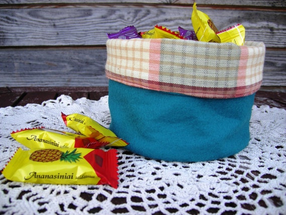 Blue Fleece Fabric Basket, Plaid Cotton Lining, Nursery Storage