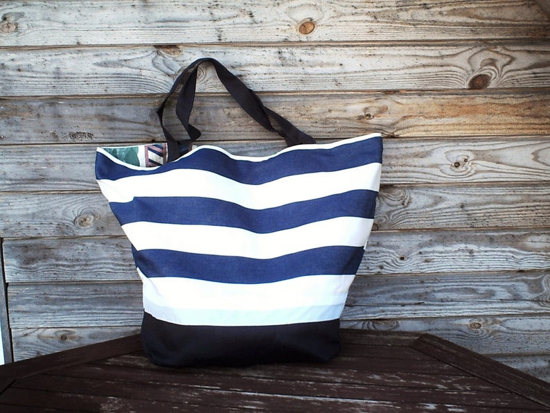 Revesible Tote bag Extra Large Bag Groceries Reusable Bags Natural Beach Bag Custom Tote Large White Blue striped Tote Bag Shopping Bag