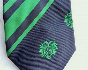 Corbata vintage para hombre, rayas azul y verde, con diseño de escudo
