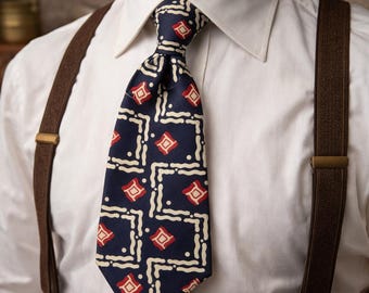 Vintage Style Navy Blue Necktie with Red Geometric Print