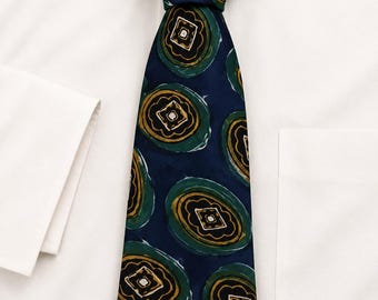 Corbata de seda vintage para hombre, diseño geométrico azul y verde, fabricada en Italia.