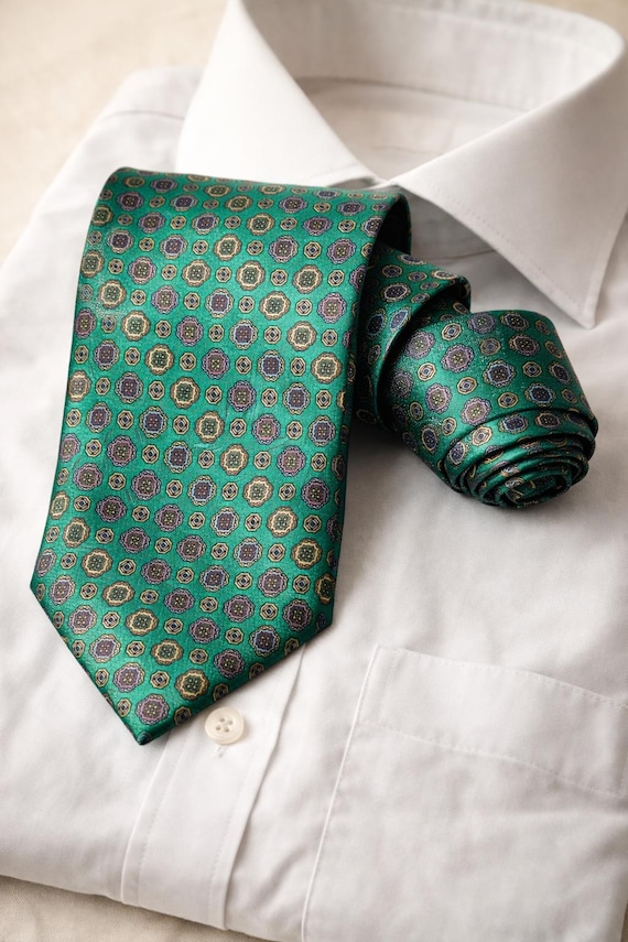 Vintage Atlas Design Classic Polyester Tie – Emerald Green Geometric Medallion Necktie – Retro Men’s Formal Accessory
