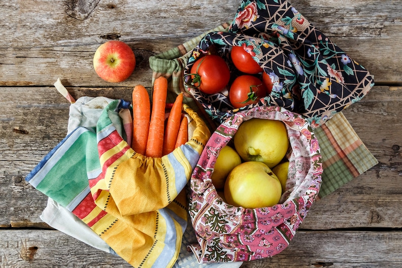 Reusable bag Food bag Market bag Drawstring closure Produce bag Fabric bag Fruits bag
