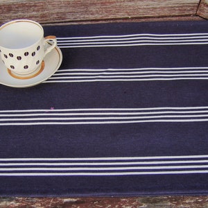 May include: A blue and white striped placemat with a white saucer and a white teacup with black polka dots on top.