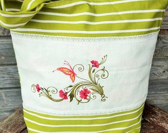 Tote bag with Embroidery, linen and cotton bag, Grocerie Reusable Bag, Eco-friendly Natural Beach Tote Bag