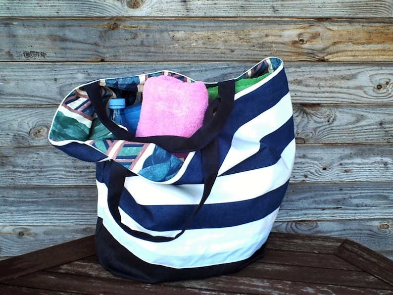 Revesible Tote bag Extra Large Bag Groceries Reusable Bags Natural Beach Bag Custom Tote Large White Blue striped Tote Bag Shopping Bag