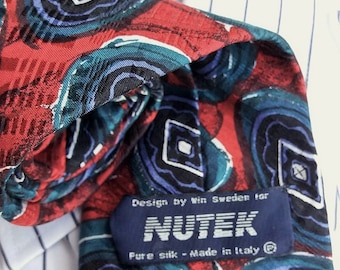Corbata vintage de seda Nutek, hecha en Italia, roja, azul y verde, corbatas retro