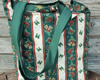 Green Christmas Pattern Cotton Tote Bag, Reusable Grocery Grocery Shopping Bag
