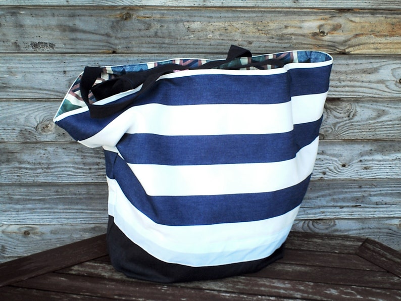 Revesible Tote bag Extra Large Bag Groceries Reusable Bags Natural Beach Bag Custom Tote Large White Blue striped Tote Bag Shopping Bag