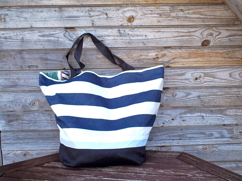 Revesible Tote bag Extra Large Bag Groceries Reusable Bags Natural Beach Bag Custom Tote Large White Blue striped Tote Bag Shopping Bag