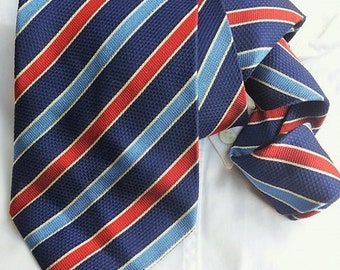 Vintage Striped Silk Necktie, Navy Blue Red, Gift for Him, Solid necktie