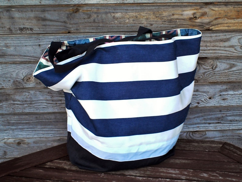 Revesible Tote bag Extra Large Bag Groceries Reusable Bags Natural Beach Bag Custom Tote Large White Blue striped Tote Bag Shopping Bag