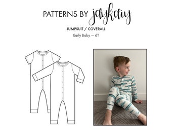 Jumpsuit sewing pattern with mitten (mitten up to 24M) - Pajama/One-Piece/Romper Pattern - Coverall - Early Baby to 6T - Beginner Pattern