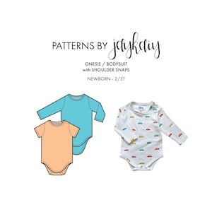 Cover image of a sewing pattern for a onesie with shoulder and bottom snaps. Both short and long-sleeved options are illustrated. A sewn Onesie sample is pictured in white with colorful car prints. Sizes Newborn to 3T.