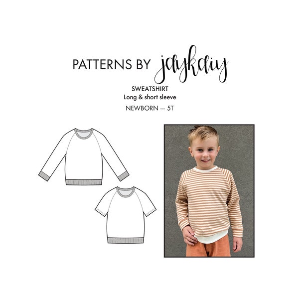 Patron de couture de sweat-shirt pour enfants avec tutoriel en image - Patron de col rond - Ras de cou pour enfants - Nouveau-né à 5 ans - Patron adapté aux débutants