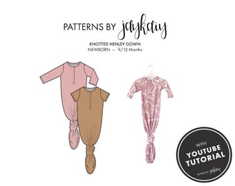 Knotted Henley Gown Pattern Sewing Pattern with tutorial - Knotted Layette  - Baby Grow - Newborn to 12M - Beginner Friendly Pattern