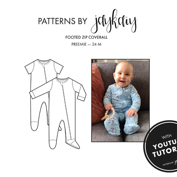 Zip Footed Pajama sewing pattern - Zipper Sleeper - Footie Coverall Pattern - One piece pajama - Preemie to 24M - Advanced Beginner Pattern