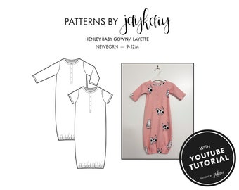 Henley Gown Sewing Pattern with tutorial - Baby Layette - Baby Grow - Sleeper - Newborn to 12 Months - Beginner Friendly Pattern