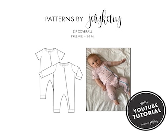 Zip Pajama Coverall (Footless) Sewing Pattern - Zip Sleeper Pattern - Zip Coverall - One piece - Preemie to 24M - Advanced Beginner Pattern