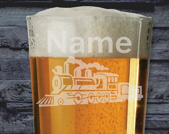 Personalised Train Laser Etched Whiskey / High-Ball / Pint / Tankard Glass