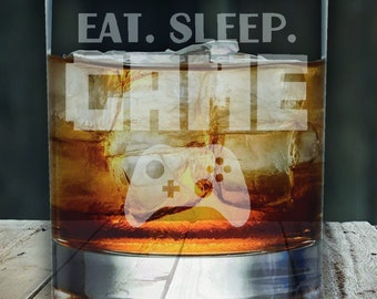 Eat Sleep Game Glass - Laser Etched Whiskey, Highball, Pint or Tankard