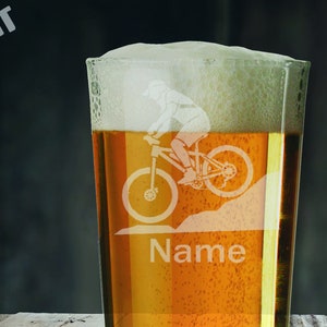 Personalised Mountain Biker Laser Etched Whiskey / High-Ball / Pint / Tankard Glass