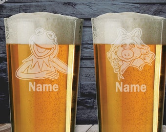 Muppets Kermit & Miss Piggy Inspired Laser Etched Whiskey / High-Ball / Pint / Tankard 2 Glass Gift Set