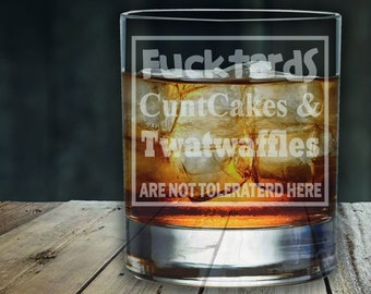 Swearing Cake and Waffle Funny Insulting Laser Etched Whiskey / High-Ball / Pint / Tankard Glass