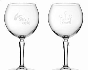 Laser Etched Large HP Inspired He's a Keeper, Shes a Catch 2 Gin Glass Gift Set