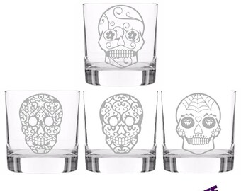 Etched Sugar Skull 4 Tumbler/High-Ball/Pint Glass Set