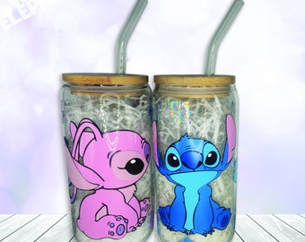 Disney Stitch and Angel Inspired 16oz Reusable Glass Cup, Bamboo Lid & Glass Straw Set